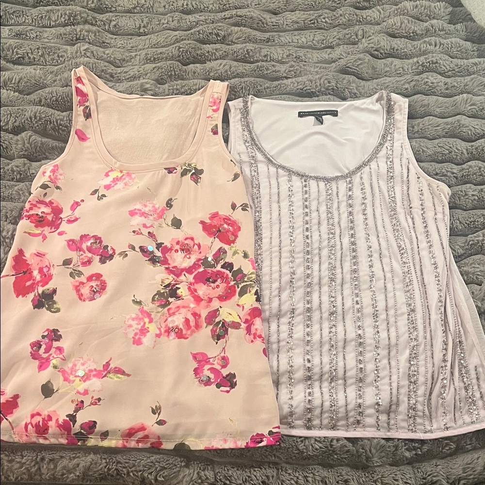 White House Black Market Pink Floral and Gray Striped Tank Tops
